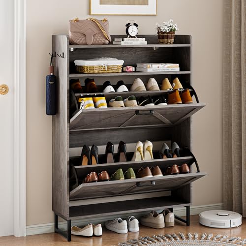 Wodeer Shoe Storage Cabinet with 2 Flip Drawers, Narrow Wood Shoe Cabinet Storage for Entryway with Metal Legs & Hooks, Adjustable Shelves, Freestanding Shoe Rack Organizer for Foyer, Hallway, Grey - color: Grey, style: 2 Drawers