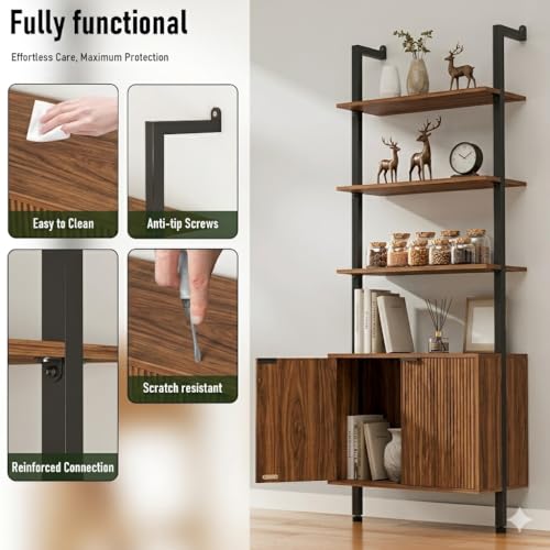 INNOD 74" Tall Bookshelf with Storage Cabinet, Modern Ladder Shelf with Wood and Metal Frame, Wall Mount Bookcase Open Display Shelf Furniture for Living Room, Bedroom, Home Office, Walnut - color: Walnut