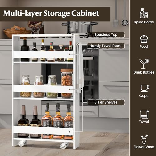 LOKO Slim Storage Cart, 4-Tier Rolling Cart with Handle & Wooden Top for Kitchen Bathroom Laundry Living Room Narrow Small Spaces, 5 Inches Width (Plain White) - color: Plain White