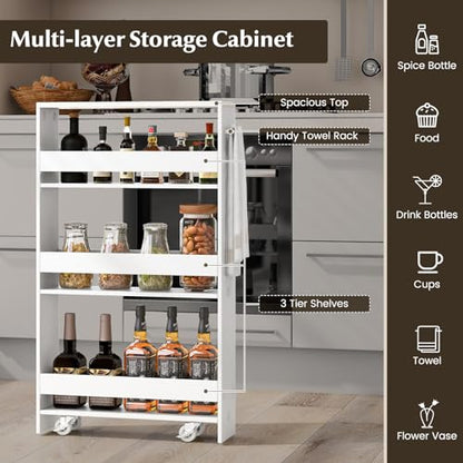 LOKO Slim Storage Cart, 4-Tier Rolling Cart with Handle & Wooden Top for Kitchen Bathroom Laundry Living Room Narrow Small Spaces, 5 Inches Width (Plain White) - color: Plain White
