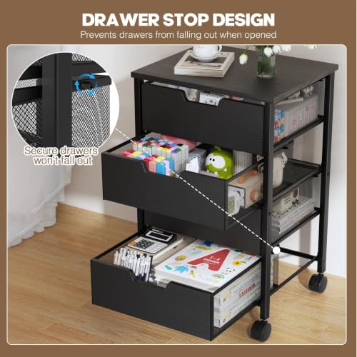 Rolling Cart with Drawers, Wooden Top and Front, with Wheels Metal Under Desk Storage Cart with 4 Drawers, for Office, Bedroom, Classroom, Home, Black - color: Black