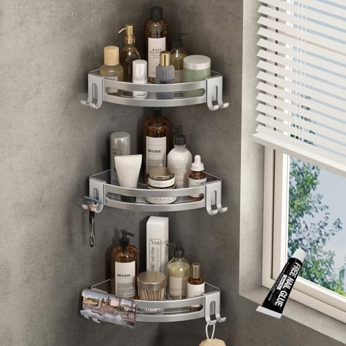 VOLPONE Corner Shower Caddy with Razor Holder Adhesive Shower Shelf Corner No Drilling Corner Shower Organizer Storage Rack Shampoo Holder Wall Mount (3-Pack, Silver) - color: Silver