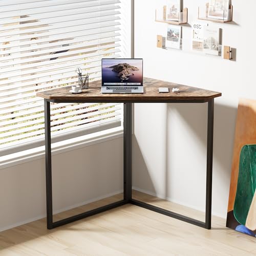VECELO Ϲоrnеr Desk, Corner Tables for Living Room for Small Space Triangle Computer Desk with Steel Frame Ϲоrnеr Shelves with Metal Frame Ϲоrnеr Writing Desk for Workstation Brown 33.1"