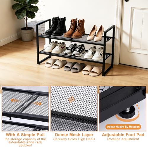 Expandable Shoe Rack, 2 Tier Adjustable Metal Shoe Shelf for Closet, Sturdy Free Standing Shoe Storage for Door Entrance, Bedroom, Small Spaces, Black - size: 2-Tier