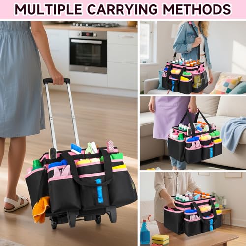 Large Rolling Cleaning Caddy Bag with Detachable Trolley,Cleaning Cart on Wheels with Shoulder Strap,Cleaning Supplies Organizer for Housekeepers,PInk - color: Pink