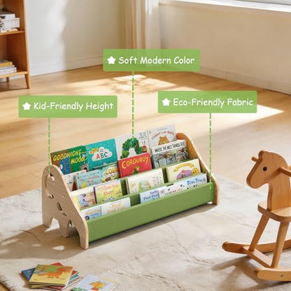 LAMU Kids Bookshelf, 4 Tier Solid Pine Wood Toddler Bookshelf, Book Shelf for Kids Rooms, Portable Montessori Bookcase, Childrens Book Storage Display for Baby's Bedroom Nursery Playroom (Elephant)