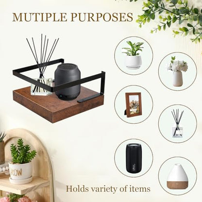 ARTORA Wall Mounted Plant Holder, Wooden Floating Shelf with Invisible Bracket Wall Mount Wood Rack Small Decorative Display Shelves with Gaurdrail for Bedroom Living Room Bathroom (Brown, 1 Pack)