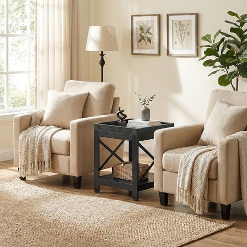 Farmhouse Square Side Table,2-Tier End Table with Storage Shelf | Modern Sofa Couch Table Bedside Nightstand With X-Frame for Living Room Bedroom Office Small spaces,Black - color: Black, style: Farmhouse
