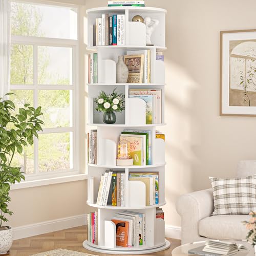 Aheaplus 6 Tier Rotating Bookshelf, Wood Spinning Bookshelf Tower, Round Revolving 360 Bookcase, Narrow Turning Book Shelf Rolling Corner Organizer for Small Space, Bedroom, Office, White - color: White, size: 6-Tier