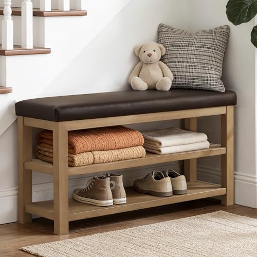 Zihanhome Shoe Rack Bench with Leather Cushion, 2 Tier Solid Wood Storage Bench, Mid-Century Modern Shoe Bench for Entryway, Hallway, Closet, Front Door Entrance, Foyer (Dark Brown, 46.5) - color: Dark Brown, size: 46.5"