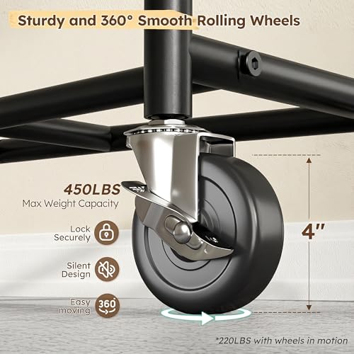 Raybee 75"W Heavy Duty Clothes Rack 450 LBS Rolling Garment Rack with Shelf | Expandable, Height Adjustable, Tool-free Assembly, 360° Lockable Wheels, Rolling Clothing Rack for Bedroom Laundry Room - color: Black, style: Rod Shelf