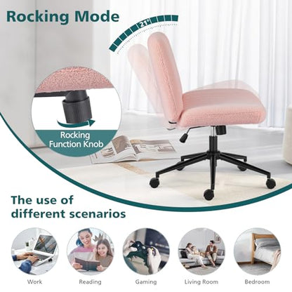 OLIXIS Criss Cross Chair with Wheels, Vanity Chair, Home Office Desk | Furry Teddy Fleece, Wide Seat Armless, Height Adjustable Swivel, Home Computer Task, Bedroom, Study, Pink Teddy - color: Pink Teddy