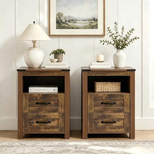 Farmhouse Night Stand Set of 2, Rustic Brown Nightstand for Bedroom, End Tables with Charging Station, Bedside Table with Drawers, Wood Bedside Cabinet Dresser - color: Brown, size: 2pcs with Charging