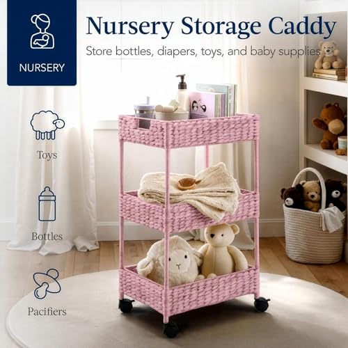 Best Choice Products 3-Tier Water Hyacinth Rolling Nursery Caddy w/Wheels, Utility Cart, Storage Organization for Bathroom, Craft Room, Laundry Room - Pink - color: Pink