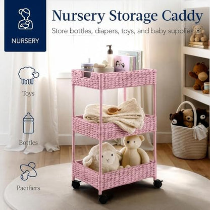 Best Choice Products 3-Tier Water Hyacinth Rolling Nursery Caddy w/Wheels, Utility Cart, Storage Organization for Bathroom, Craft Room, Laundry Room - Pink - color: Pink