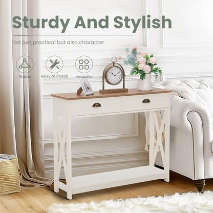 PHI VILLA Entryway Table - Farmhouse Narrow Console Table with Drawer for Living Room/Hallway, Ivory White - color: Ivory 2