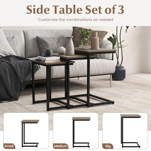 Giantex Nesting Coffee Table Set of 3, Stackable Square End Table w/Wood Grain Tabletop & Heavy-Duty Metal Frame, Farmhouse C-Shaped Accent Table for Small Space, Living Room, Bedroom (Black Oak) - color: Black Oak