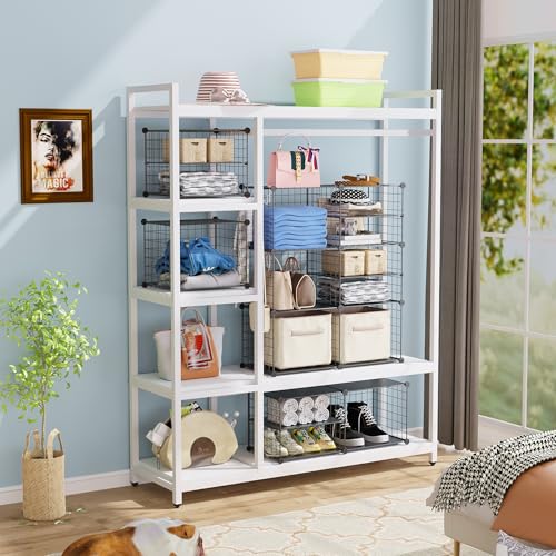 C&AHOME Wire Cube Storage Unit, Interlocking Metal Wire Organizer with Divider Design, Modular Cabinet with Plastic Panels, Bookshelf Stackable Closet Organizer with Small Hooks, Black UWCSIM08B - color: Black