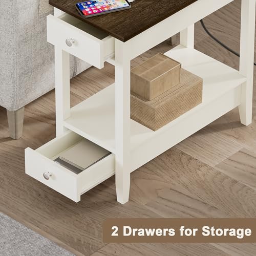 Treocho End Tables Living Room Set of 2 with Charging Station and 2 Drawers | Narrow Side Table with Ample Storage, Sofa Bedside Table for Small Spaces, Living Room, Bedroom, White & Brown - color: Brown/White
