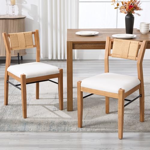 BESTANO Modern Armless Dining Chairs with Rope Woven Back Set of 4, Beige Linen Fabric Upholstered Kitchen & Dining Room Chairs, Mid-Century Classic Farmhouse Wooden Side Chair - color: Beige, size: 4 Chairs