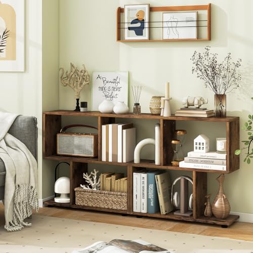 2 Tier Geometric Bookcase, 24" Tall S-Shaped Bookshelf with Staggered Open Cubes, Wooden Display Shelf Storage Organizer, Small Bookshelf for Small Spaces, Living Room (2, Coffee) - color: Coffee