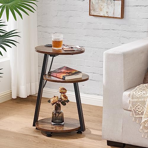 BEWISHOME Round End Table with Charging Station, Side Table Accent Nightstand Bedside Table with 3-Tier Shelves, Small Couch Table for Living Room Bedroom Rustic Brown KTZ51Z - color: Rustic Brown, size: with PowerOutlet