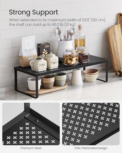 SONGMICS Spice Racks, Set of 2 Expandable Kitchen Countertop Shelves, Small Cupboard Organizers, Metal, Space-Saving Tabletop Shelves, Matte Black UKCS402B01 - color: Matte Black, size: Set of 2