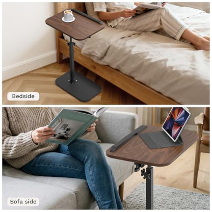 Side Table for Couch, Adjustable Height C Shaped End Table, Narrow Sofa Side Table for Living Room & Bedside, Brown Wooden Top with Black Metal Base
