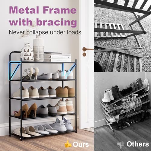 5 Tier No-Assembly Shoe Rack, Foldable Shoes Rack Organizer Without Installation, Portable Solid Metal Shoe Shelves for Closet, Entryway, Front Door Entrance - size: 5 Tier