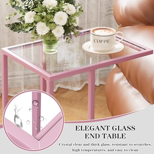 C Shaped End Table, Side End Tables for Living Room,Glass Sofa Couch Table with Metal Frame, Small Tv Tray Snack Dinner Table for Bedroom, Small Spaces, Easy Assembly (Pink) - color: Pink