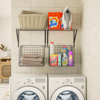 4 Pack Laundry Room Shelves Wall Mounted with Wire Baskets, Laundry Room Organizer and Storage, Over The Washer and Dryer Wire Shelf with 2 Removable dividers and 8 S-Shaped Hooks