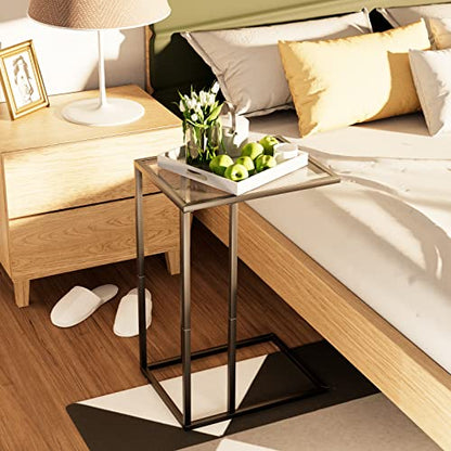 C Table Glass End Table, Couch Side Table, Tempered Glass Snack Side Table with Metal Frame, TV Tray Table for Small Space, Sofa Couch Side Tableand Bed Side Table(Black) - color: Black