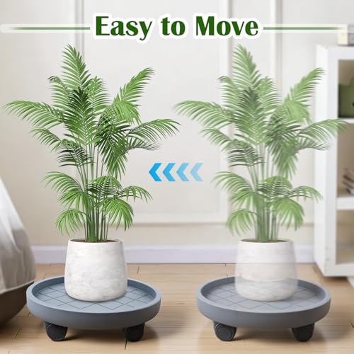 K KASONIC 12 Inch Plant Caddy with Wheels, 220LBS Capacity Rolling Plant Stand Dolly, 2 Pack Round Planter Saucer Mover Base Tray for Indoor Outdoor Potted Plants, Includes 5M Tearable Plant Ties