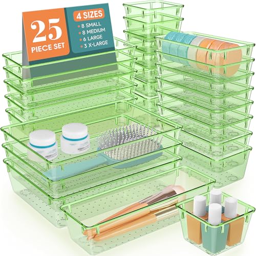 WOWBOX 25 PCS Plastic Drawer Organizer Set, 4 Sizes Desk Drawer Divider Organizers and Storage Bins for Makeup, Jewelry, Gadgets for Kitchen, Bedroom, Bathroom, Office, Clear Green - color: Clear Green