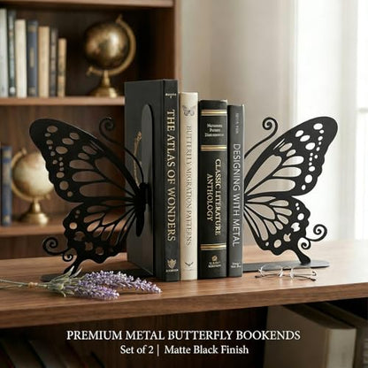 Metal Butterfly Bookends Cute Book Ends for Home Office Decor Bookshelf Decor Accessories Ideal Gift for Book Lovers(Black)