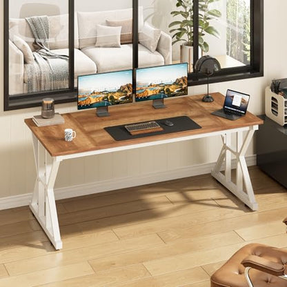 TVU Computer Desk, 55 inch Large Office Desk, Study Writing Table with Thicken Frame, Gaming Desk, Modern Simple Desk for Home Office, Brown - color: Brown, size: 55inch