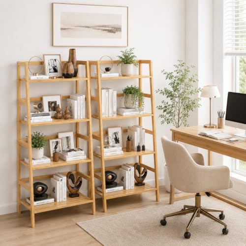 Bamboo Ladder Shelf, 4-Tier Wooden Ladder Bookshelf & Bookcase Organizer | 49.2” Freestanding Open Display Storage Shelves, Wood Plant Stand Rack for Small Space, Bathroom, Living Room, Bedroom - color: Natural