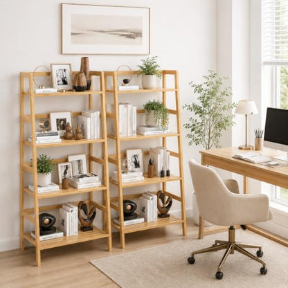 Bamboo Ladder Shelf, 4-Tier Wooden Ladder Bookshelf & Bookcase Organizer | 49.2” Freestanding Open Display Storage Shelves, Wood Plant Stand Rack for Small Space, Bathroom, Living Room, Bedroom - color: Natural