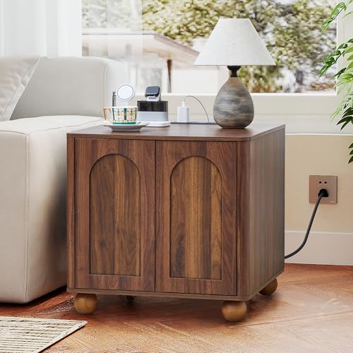 Samll Square Side Table with Charging Station, Mid Century Modern Nightstand with Storage for Bedroom Bed, Small Accent Table with Doors for Living Room Couch Sofa Chair, Office Desk - Walnut - size: Walnut-door