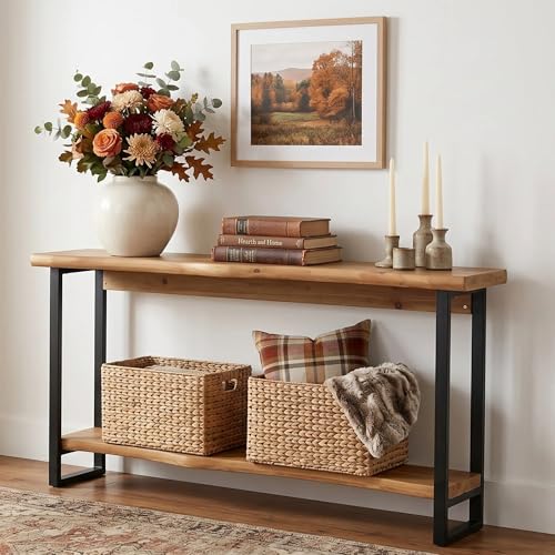 Solid Wood Live-Edge Console Table for Entryway, Farmhouse 63-Inch Narrow Long Sofa Table Behind Couch with Unique Shape, Heavy-Duty Metal Legs, Ideal for Foyer, Entrance, Living Room
