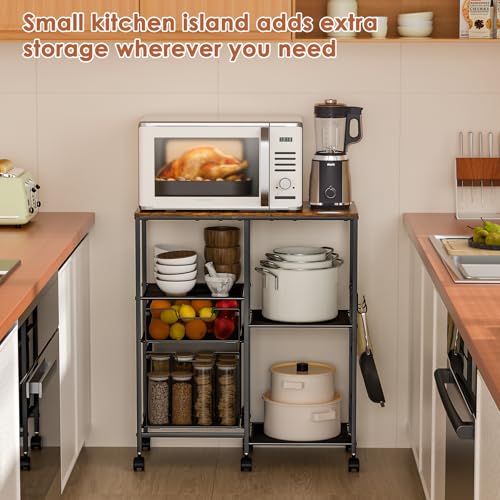 Rolling Microwave Cart with Storage, Microwave Stand with Drawers, Kitchen Storage Rack On Wheels, Kitchen Storage Cart Shelves Organizer Used As Bakers Rack Coffee Bar Station Kitchen Island Cart