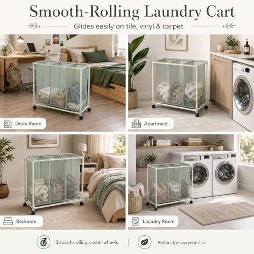 3-Bag Mesh Rolling Laundry Sorter Cart, Soft Silver, Removable Washable Bags, Easy-Roll Casters, Rust-Resistant PVC Tubing Frame w/ABS Corners, 29.5 x 19 x 30.5 in, for Dorm & Laundry Room