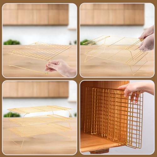 Cooling Rack for Baking 3 Tiers, 16" x 10" Cookie Cooling Wire Rack Stackable Collapsible Nonstick, Stainless Steel Baking Cooking Cooling Racks with Optimum Air Flow, Gold - color: Gold, size: 16"x10"-3Tier
