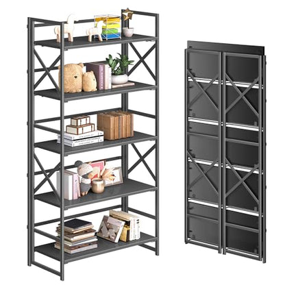 4NM 5 Tiers No Assembly Book Shelves, 51.2" H Folding Bookshelf Bookcase Open Industrial Foldable Shelves for Bedroom, Living Room, Home Office - All Black - color: All Black, size: XX 5-Tier