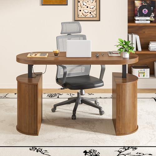 Mid Century Modern Electric Standing Desk with Storage, 55 x 22 Inch Small Sit Stand Up Desk, Wood Adjustable Height Computer Executive Desk for Home Office, Laptop, Walnut - color: Walnut