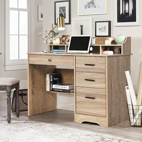 Computer Desk with 4 Drawers and Hutch, Wood Executive Desks with File Drawer and Shelves, Small Desk Study Table for Bedroom, Student Teen Writing Laptop Table, Grey - color: Grey