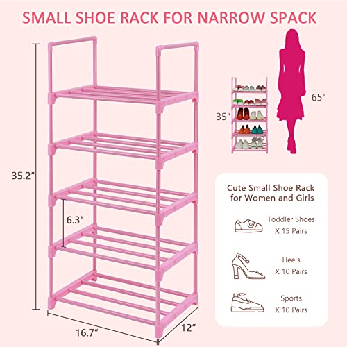 LNYZQUS 5-Tier Small Kids Shoe Rack Organizer, Pink Toddler Shoe Shelf Shoe Stand for Closet Narrow Space,Mini Shoe Storage Rack Short Shoe Tower for Women & Girls(Full Pink)