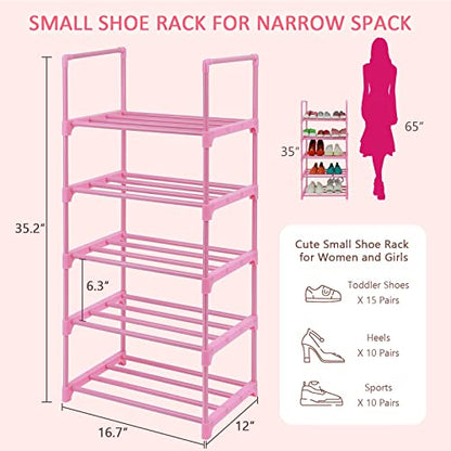 LNYZQUS 5-Tier Small Kids Shoe Rack Organizer, Pink Toddler Shoe Shelf Shoe Stand for Closet Narrow Space,Mini Shoe Storage Rack Short Shoe Tower for Women & Girls(Full Pink)