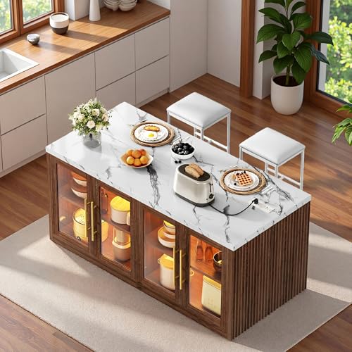 Kitchen Island with Storage, Imitation Marble Island Table with LED Lights & Cabinet for Kitchen, Modern Kitchen Carts on Wheels for Dining Room, Home Bar, Walnut