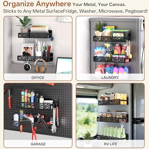 Magnetic Washing Machine Side Storage Rack Shelves 4-Pack, Heavy Duty Metal Narrow Shelf with Hooks, Slim Laundry Room Organizer for Washer Dryer Gap, Space Saving Magnetic Storage for Laundry Kitchen